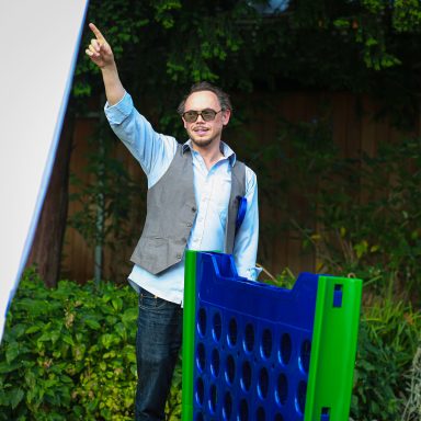 James Payton in disco mode, outside the Quarry Theatre, Bedford, July 2024